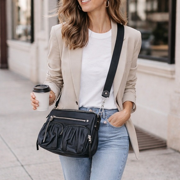 MZ Wallace Handbags - MZ Wallace Set Metallic Graphite Luster Bailey Satchel Crossbody + Makeup Bag
